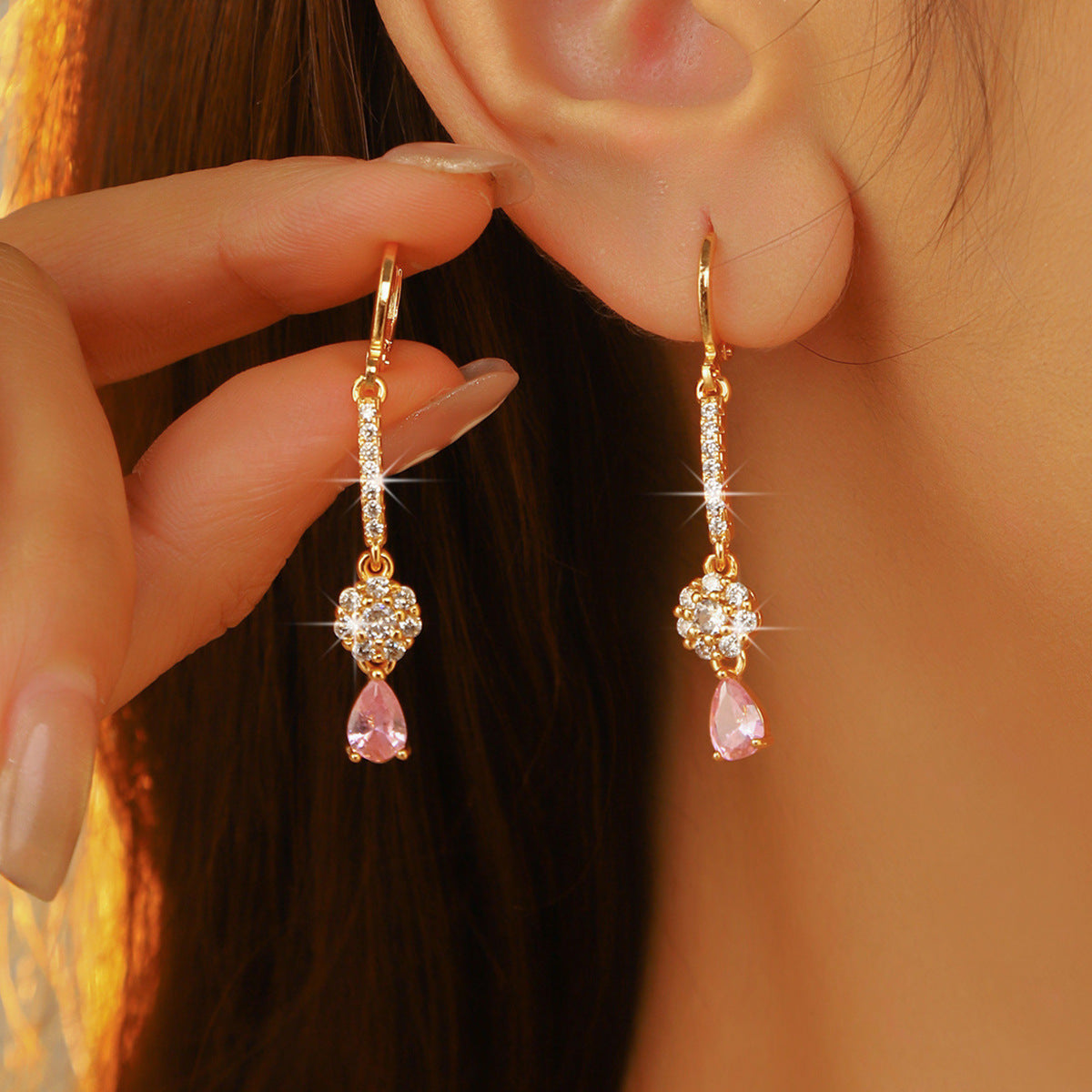 Town card, classic trendy pink water drop ear buckle women, fashionable versatile zircon earrings, personalized copper ear jewelry
