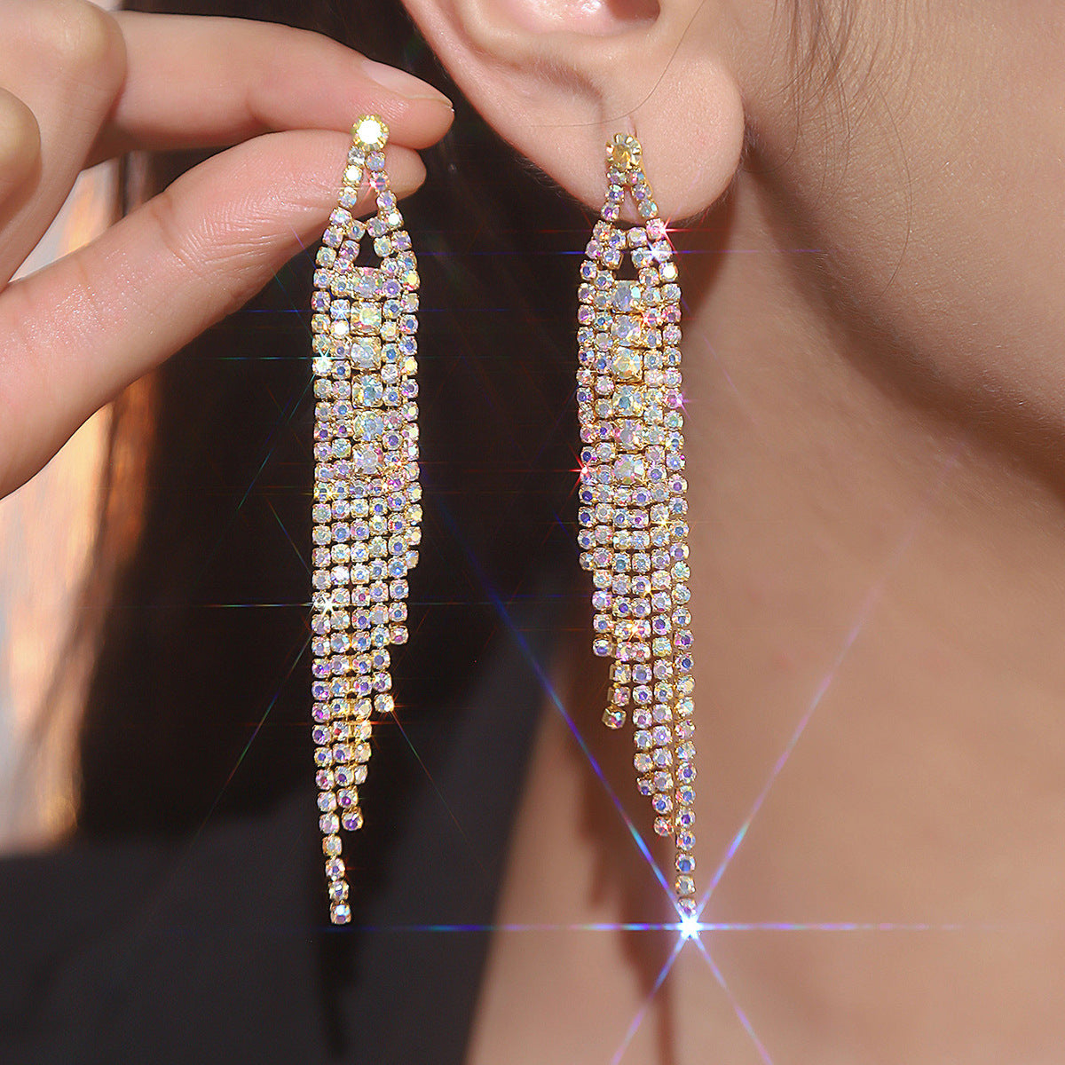 Choka Fashion Full Diamond Long Fringed Earrings Women's Temperament Rhinestone Earrings Ear Jewelry Earrings