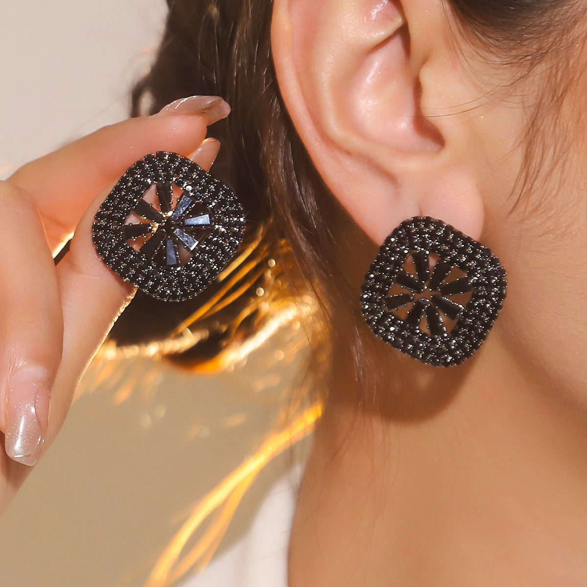 European and American style simple and versatile geometric square full of diamonds zircon earrings women's temperament shiny crystal stud earrings ear jewelry