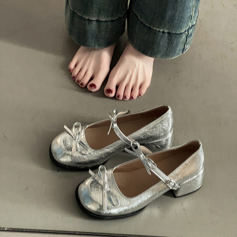 French silver thick high heel light mouth single shoes women's new spring and summer skirt JK Mary Jane shoe temperament beanie shoes