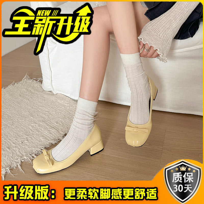French retro light mouth high heel single shoes women's new summer bow flat grandma shoes soft leather beanie shoes