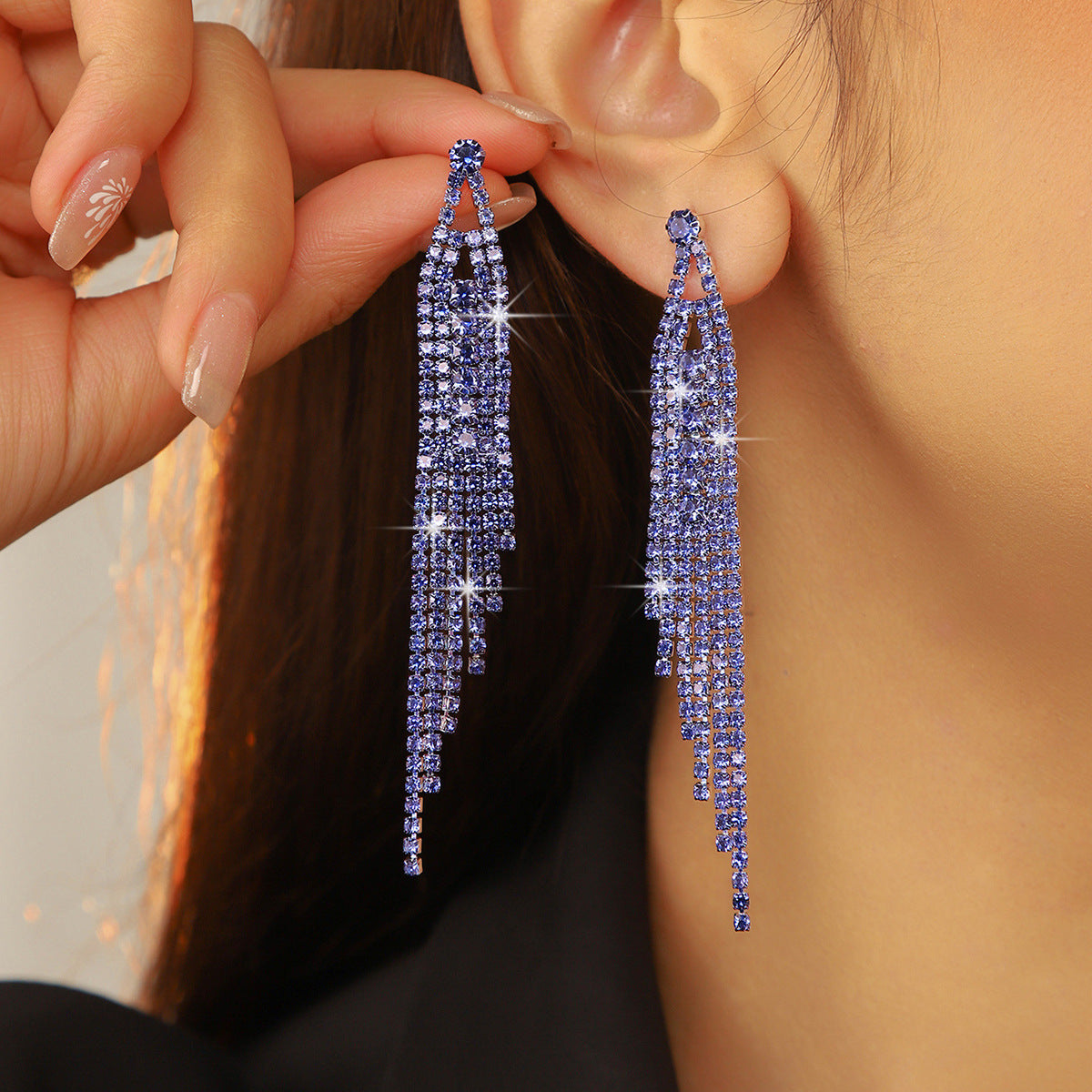 Choka Fashion Full Diamond Long Fringed Earrings Women's Temperament Rhinestone Earrings Ear Jewelry Earrings