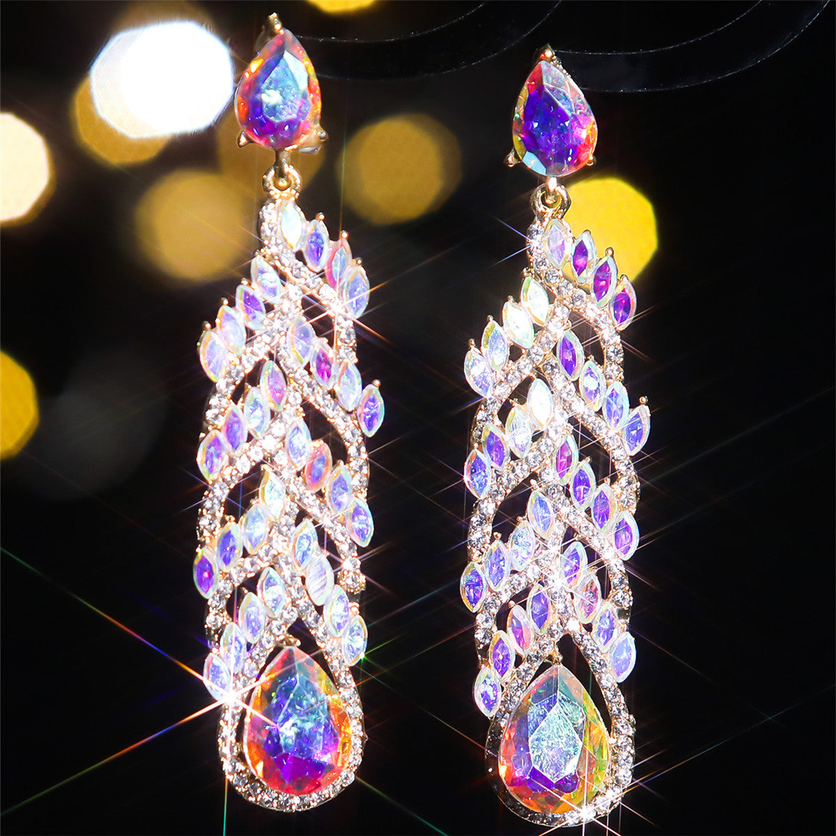 Europe, America, fashion glass rhinestone long earrings women, exaggerated crystal gemstone stud earrings earrings