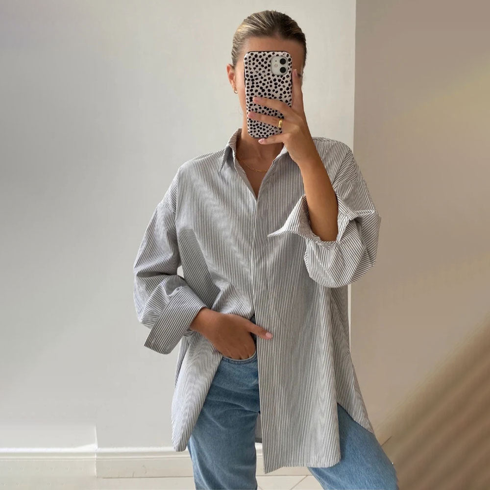 Cross-border striped shirt European and American summer new simple high-end hidden button long-sleeved striped cardigan
