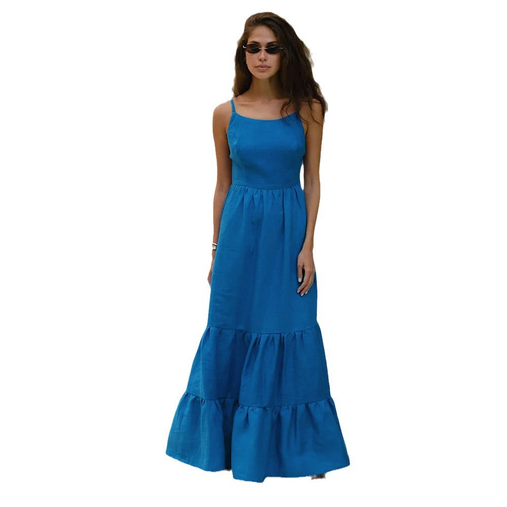 Suspender dress European and American hot sexy backless strap super long cake dress suspender dress
