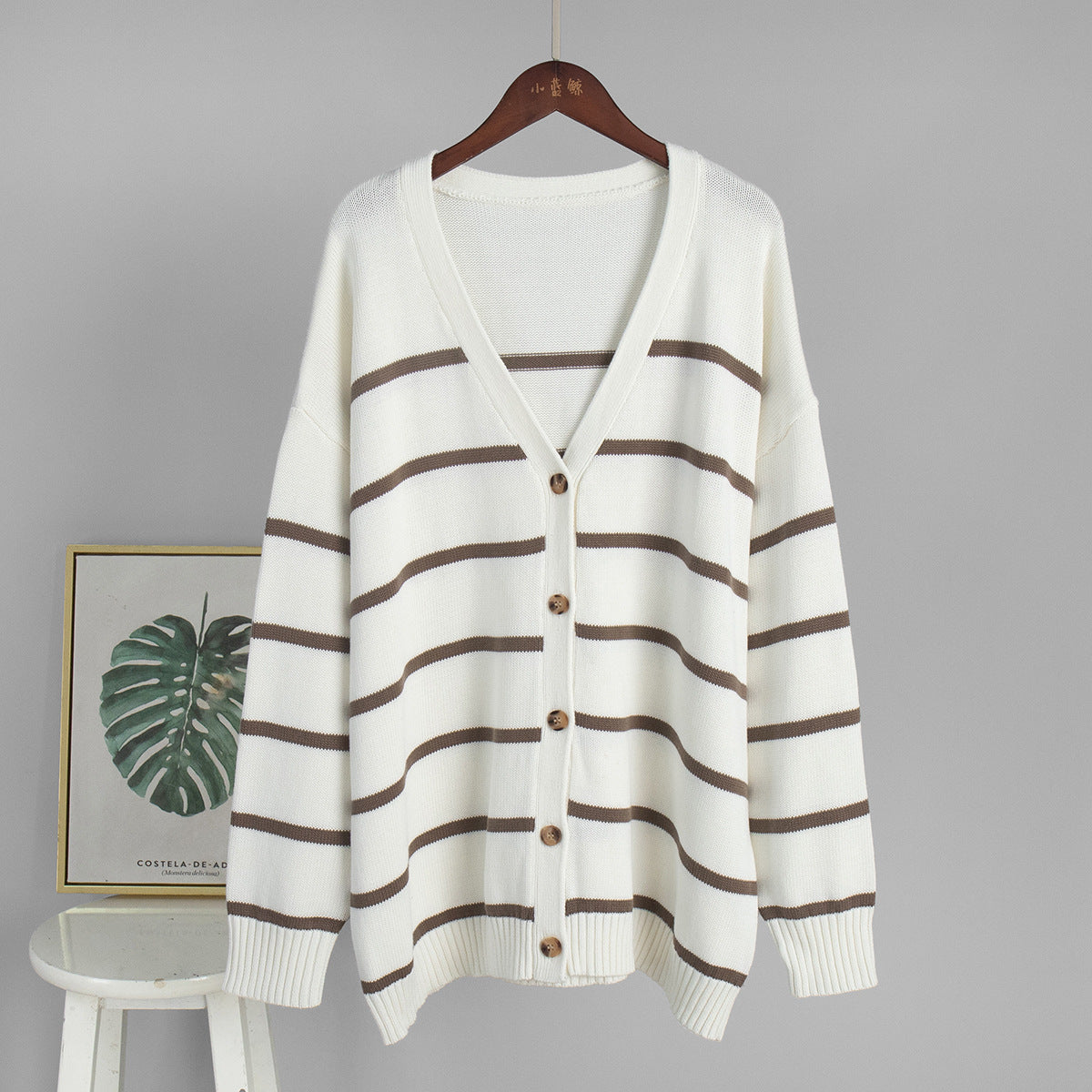 Striped knitted cardigan women's European, American autumn and winter new V-neck cardigan sweater pure cotton striped sweater women