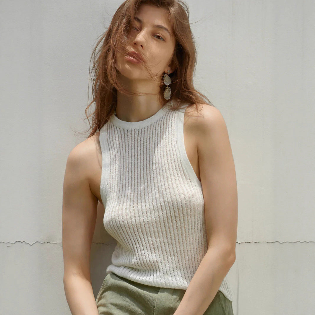 Knitted vest European and American summer sexy babes pit strip hollow vest slim sleeveless knitted top t-shirts