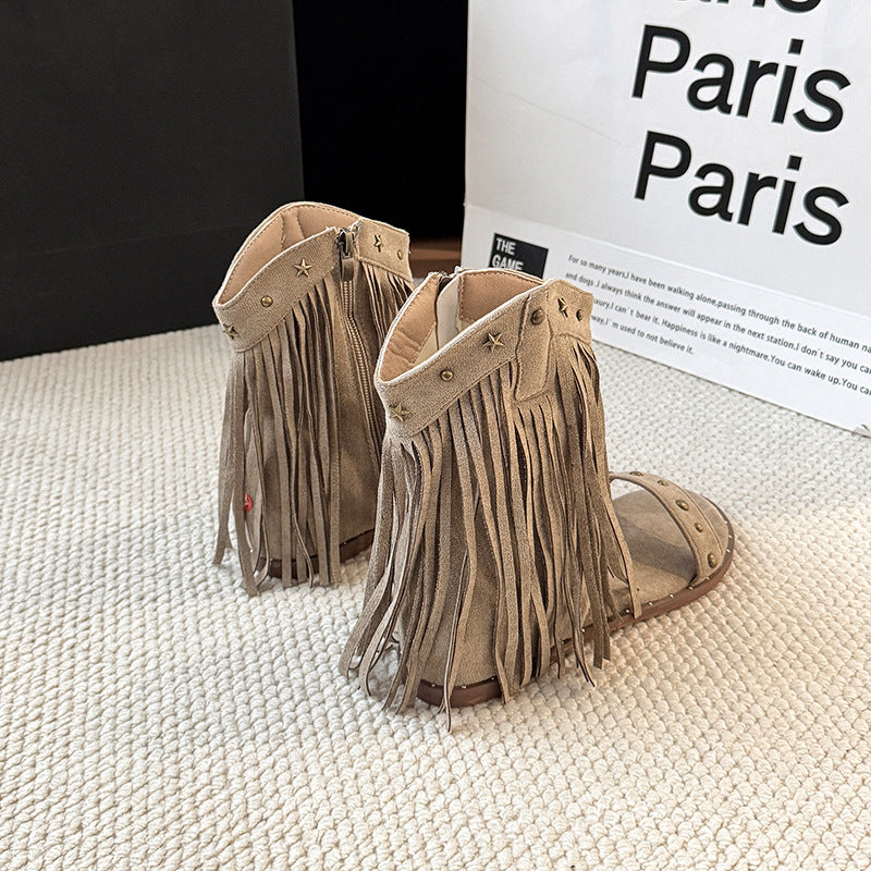Fashion retro rivet fringed open-toed sandals women's summer new niche design versatile Roman cool boot shoes tide