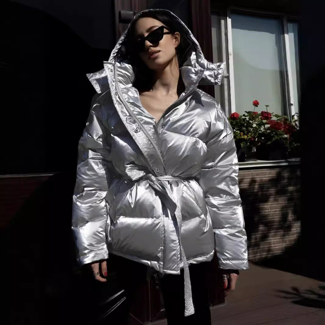 Hooded cotton jacket women's sports outdoor glossy bread clothing European and American autumn and winter casual cotton-padded jackets