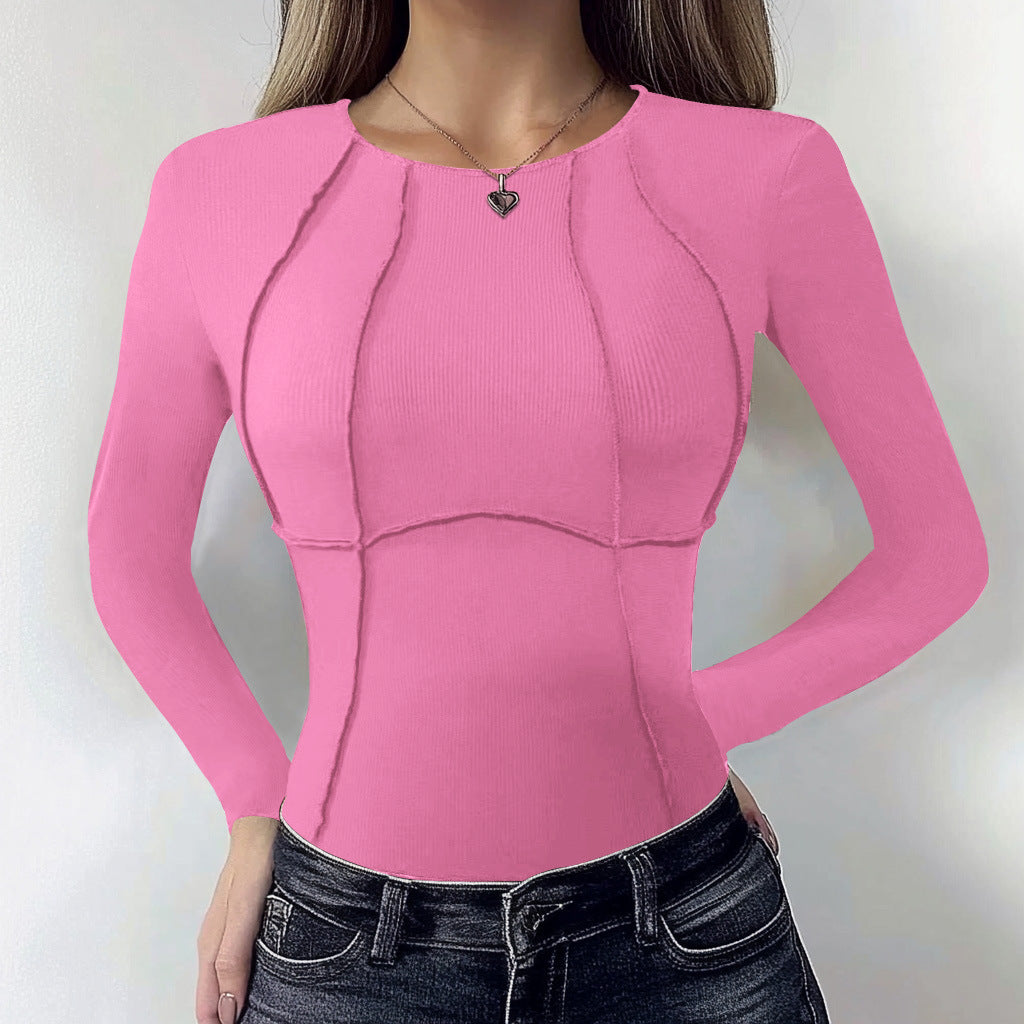 European and American slim-fit reverse car split long-sleeved crew neck T-shirt women's new autumn versatile solid-color slim-fit top