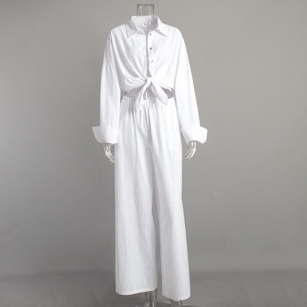 Long-sleeved casual suit, European and American spring and summer new women's loose casual cotton shirt + trousers suits