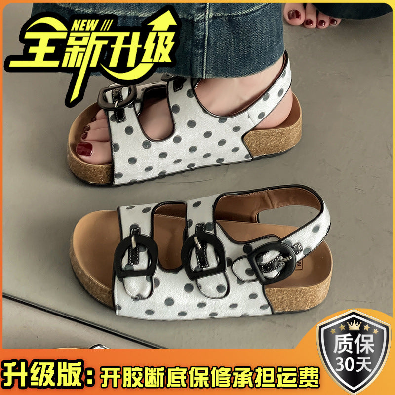 Polka dot platform Birkenstocks women's new summer versatile and comfortable women wearing sandals with one foot and half drags slippers