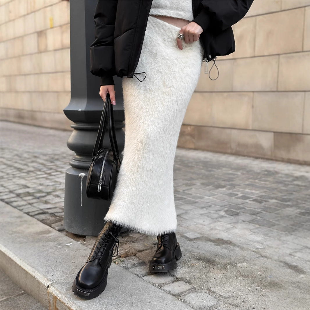 Knitted Mao Mao skirt European, American autumn and winter new long skirt Ins warm skirt women dress