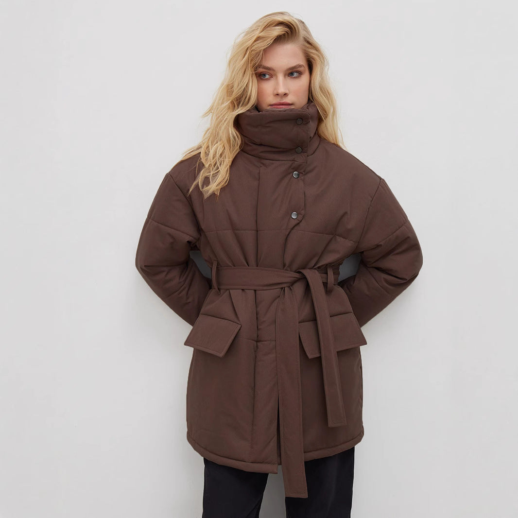Stand-up collar cotton jacket European, American autumn and winter new temperament belt irregular medium and long cotton jackets