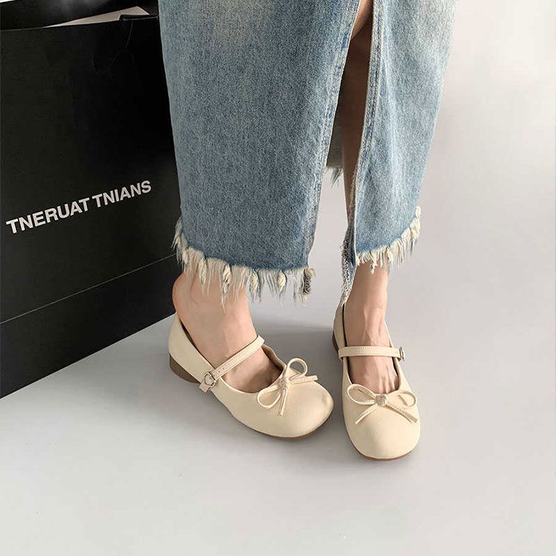 Gentle French Mary Jane Shoes Women's Spring and Summer New Bow Comfortable Flat Heel Leather Shoes Small Single beanie Shoes Women's Trend