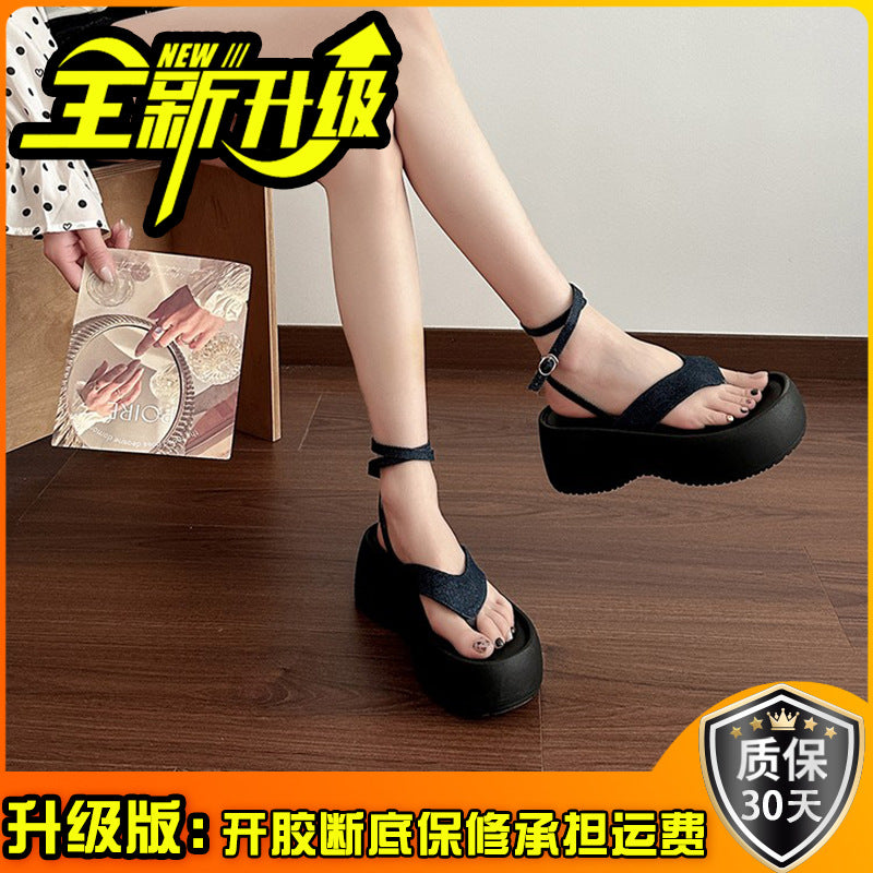 Small black strap-on toe platform sandals women's fashion heightened wedge heel pinch Roman shoes sandals slippers
