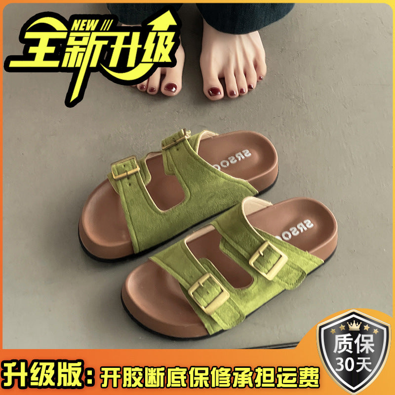 Casual fashion green slippers women's outerwear summer new thick-soled non-slip beach one-word sandals