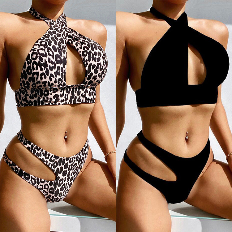 Foreign order European foreign trade explosion women's split swimsuits sexy leopard print print hollow bandage bikini