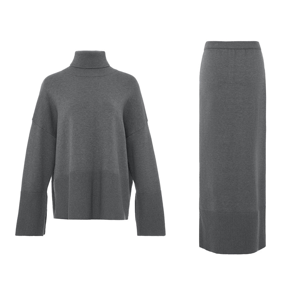 Knitted sweater set for women, Europe, America, autumn and winter new temperament loose sweater split skirt set