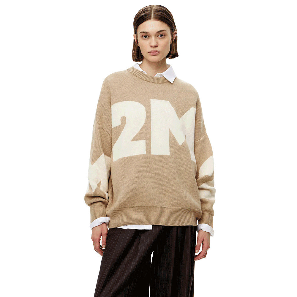 Alphabet sweater European, American autumn and winter knitting fashionable versatile contrasting color temperament round neck loose letter sweater