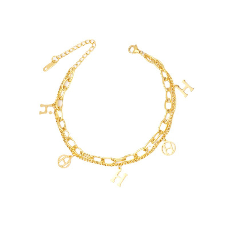 Europe and the United States cross-border fashion titanium steel bracelet women's double chain H letter light luxury temperament popular jewelry jewelry does not fade