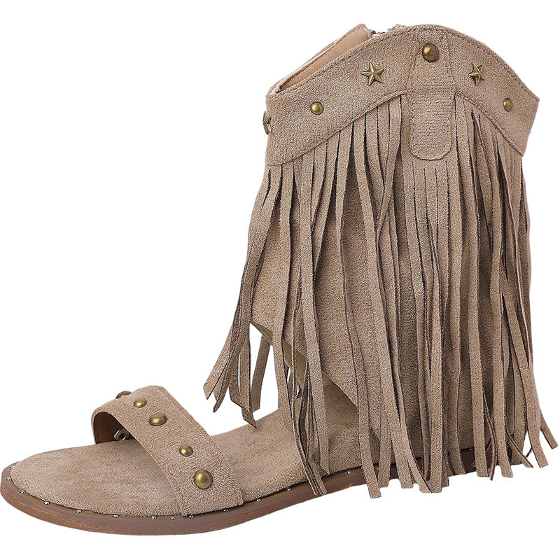 Fashion retro rivet fringed open-toed sandals women's summer new niche design versatile Roman cool boot shoes tide