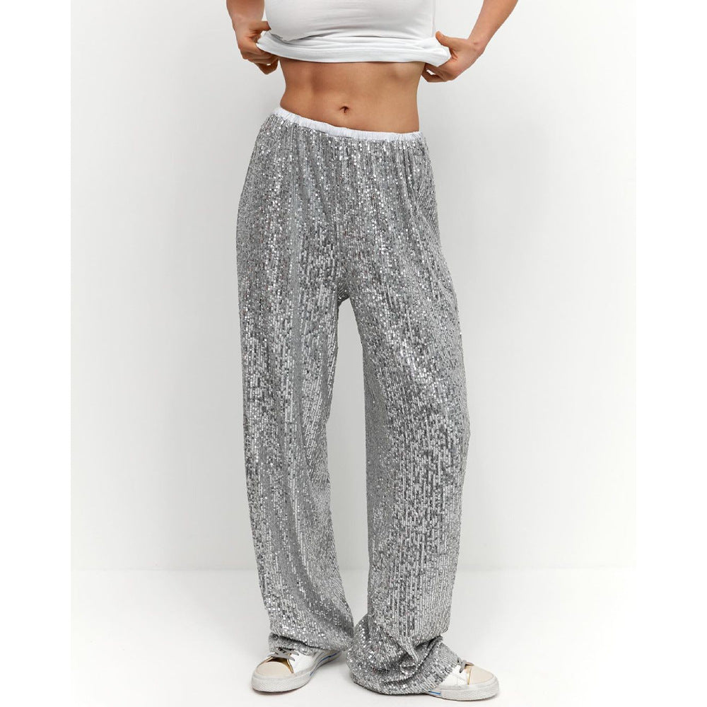 sequined trousers European and American autumn and winter new insY2K trend American pearlescent sequined straight mopping trousers pant