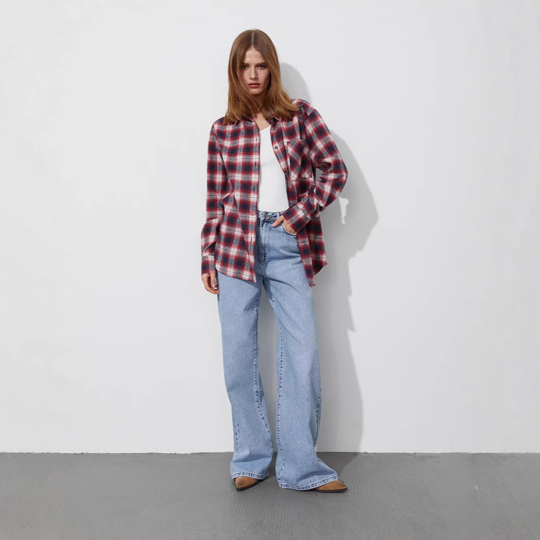 Plaid Shirt Women's European, American Spring and Summer Loose Versatile Shirt Pure Cotton Plaid Neutral Wind Shirt Women t-shirts