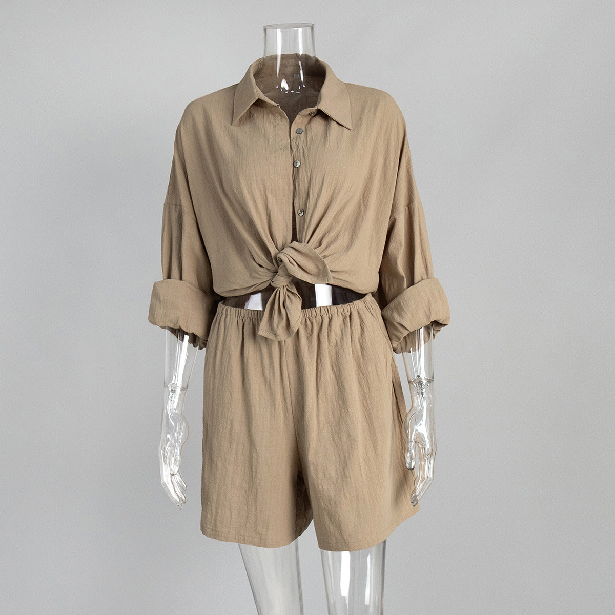 Shirt set European and American summer new women's vacation casual loose long-sleeved shirt + shorts set suits