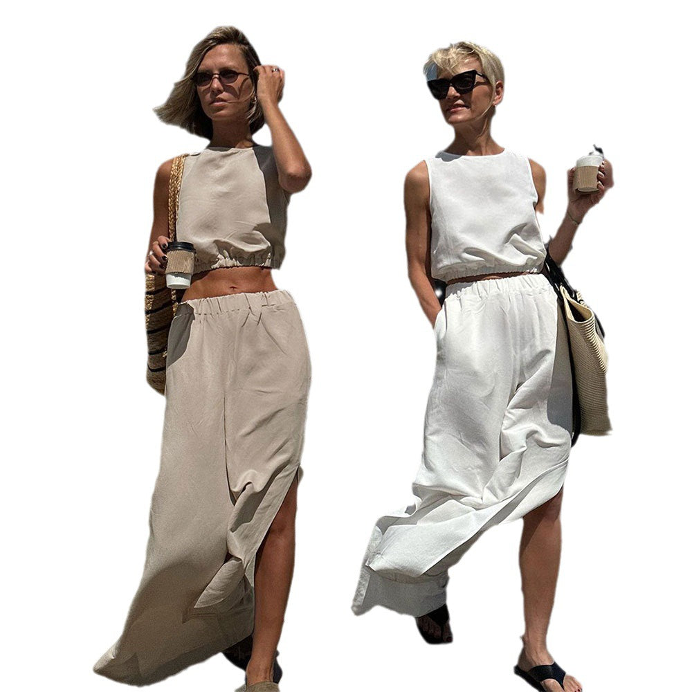 Cross-border cotton and linen set, European and American summer short sleeveless elastic waist top + trousers slit two-piece set suits