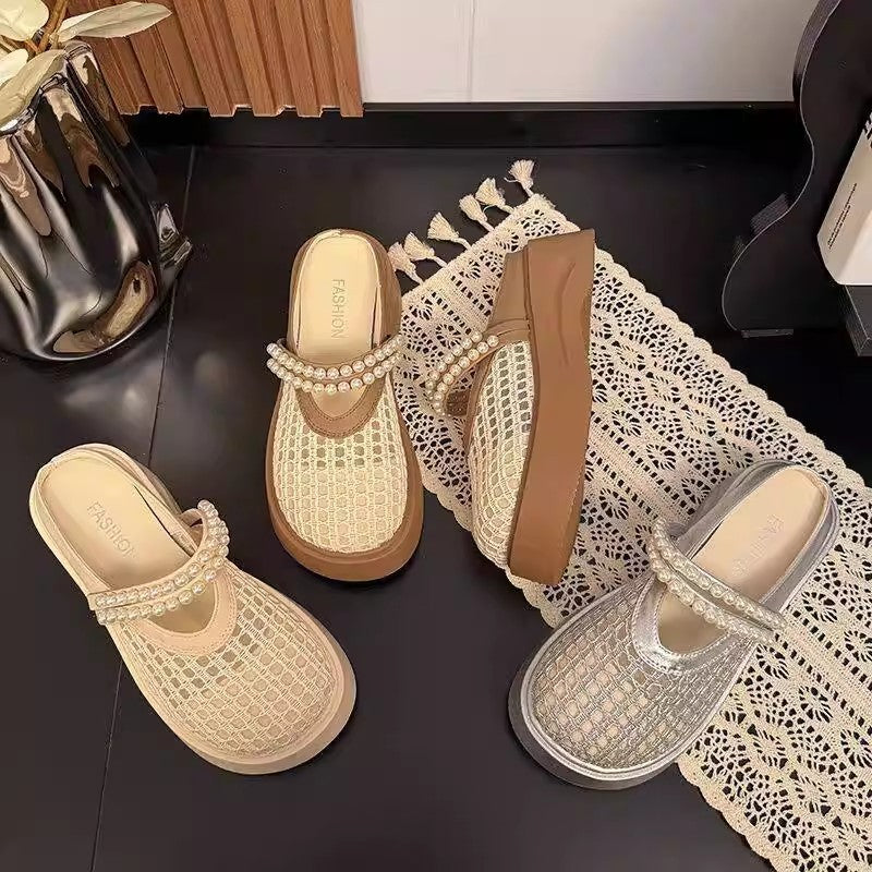 Mesh slippers summer retro woven outer wear pearl breathable hollow Ou Ruofeng Mary Jane girls bag head slippers
