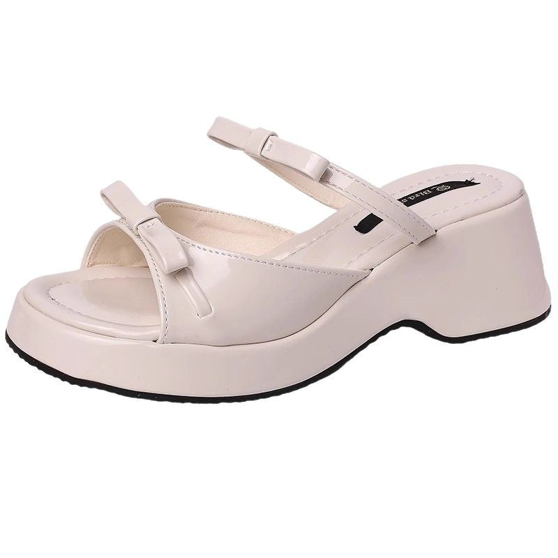 Fashion word with wedge sandals women's summer thick heel with skirt French bow wear high heel cool slippers