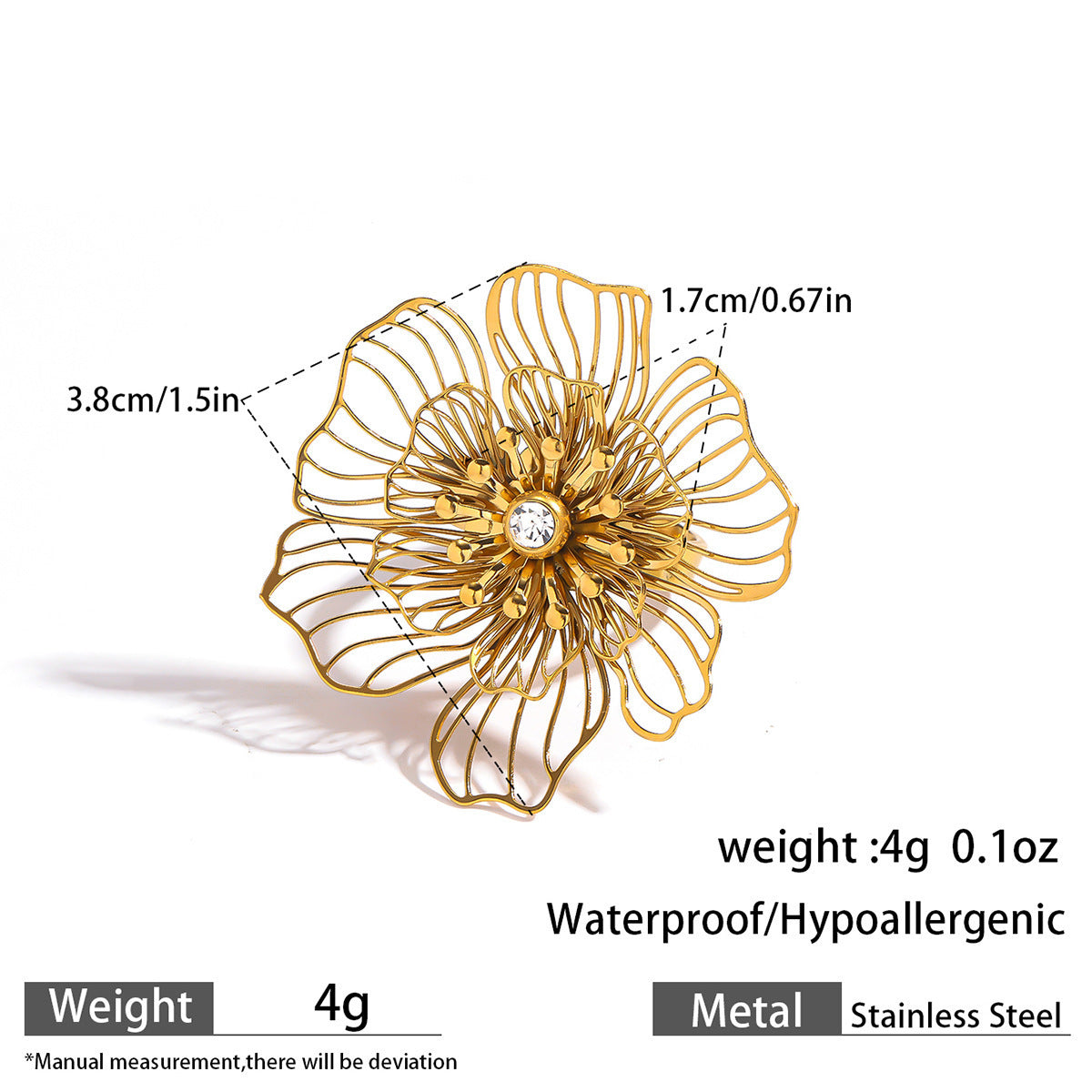 Malt stainless steel non-fading flower rings female three-dimensional opening design ring exaggerated European and American jewelry