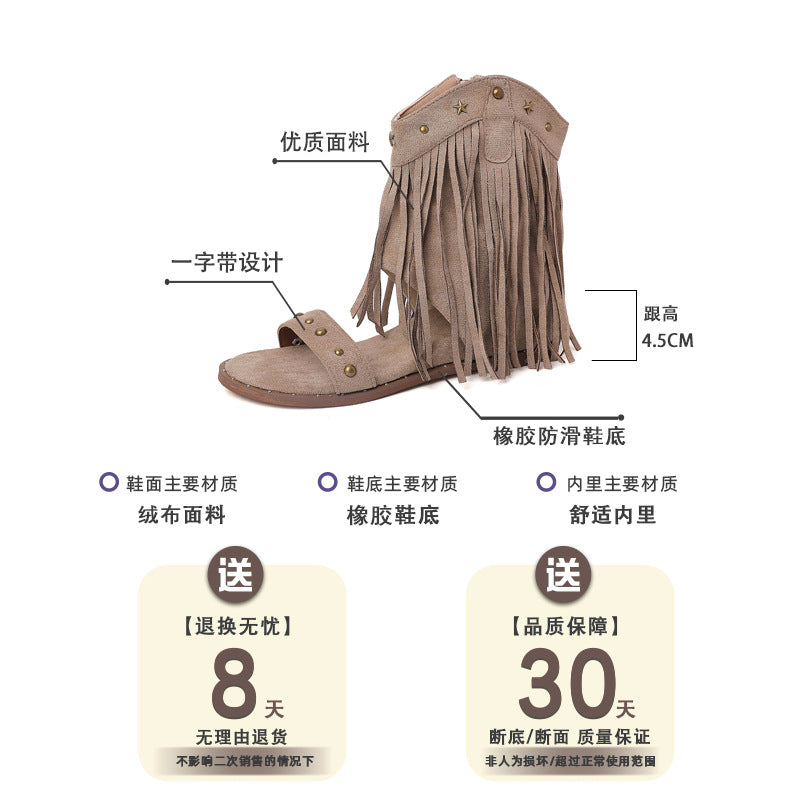 Fashion retro rivet fringed open-toed sandals women's summer new niche design versatile Roman cool boot shoes tide