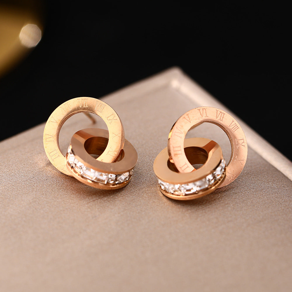 European and American cross-border Internet celebrities personalized titanium steel stud earrings female ins creative diamond double ring Roman digital earrings ear jewelry