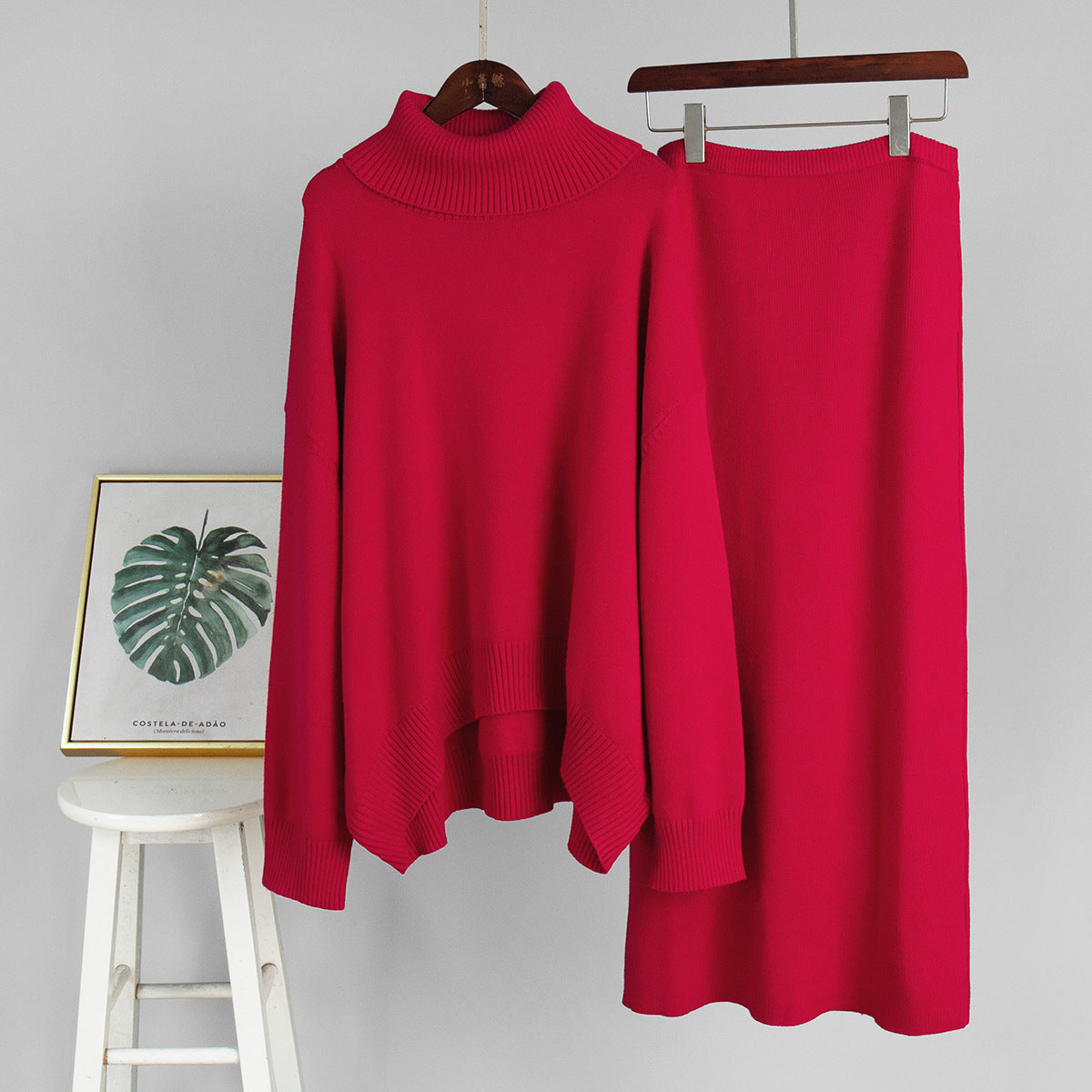 Turtleneck sweater skirt set for women, European, American autumn and winter loose knitted two-piece sweater set for women suits