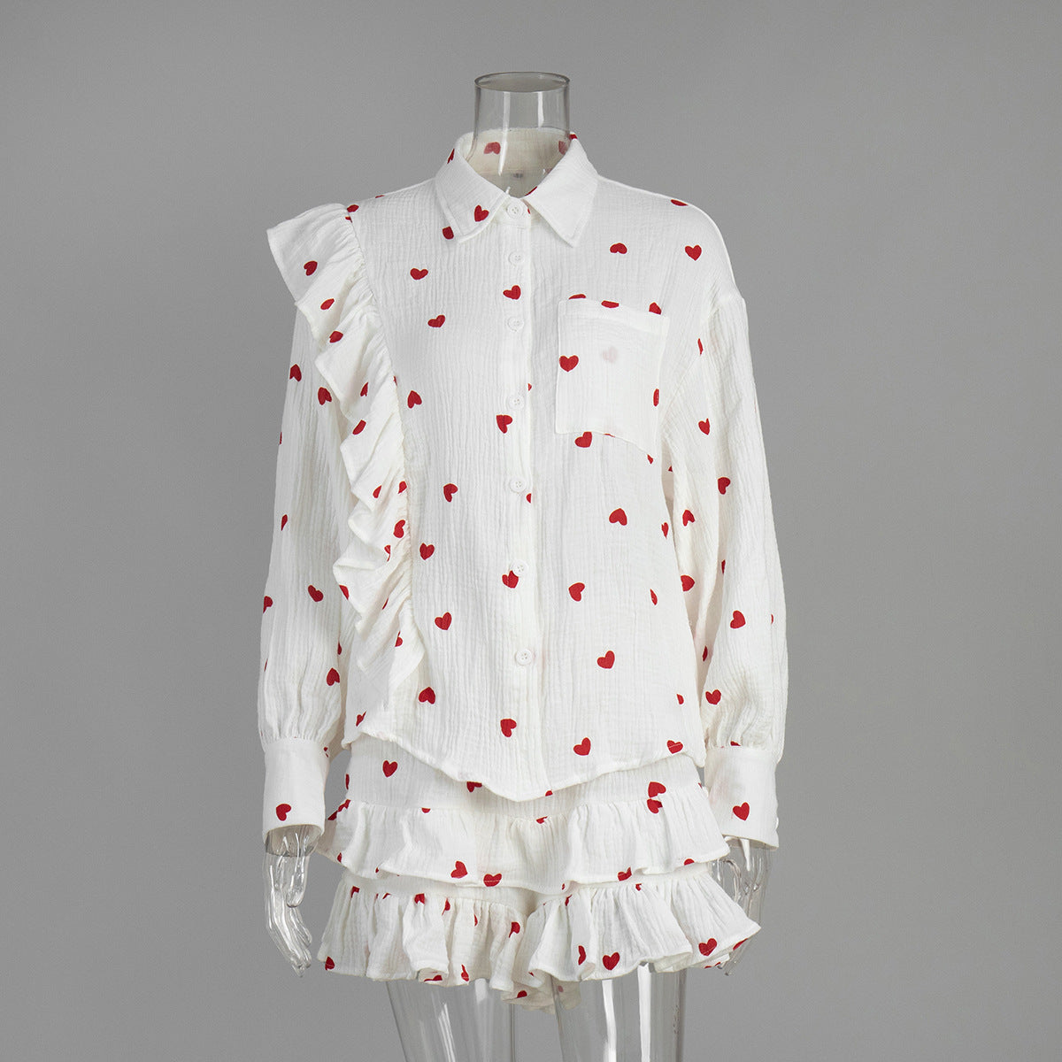 Cross-border cotton printed shorts set, European and American spring and summer ruffle edge long-sleeved shirt + shorts casual set suits