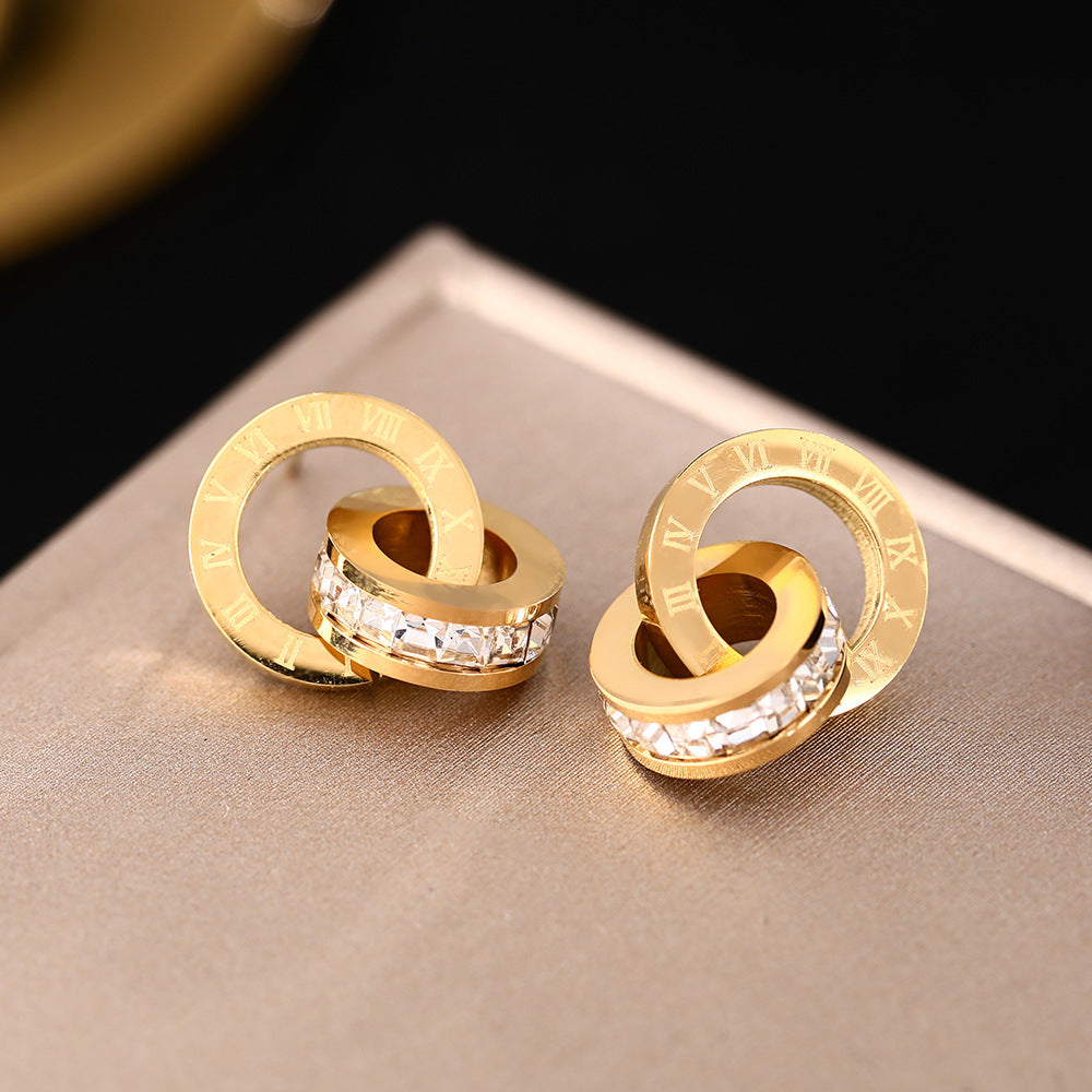European and American cross-border Internet celebrities personalized titanium steel stud earrings female ins creative diamond double ring Roman digital earrings ear jewelry