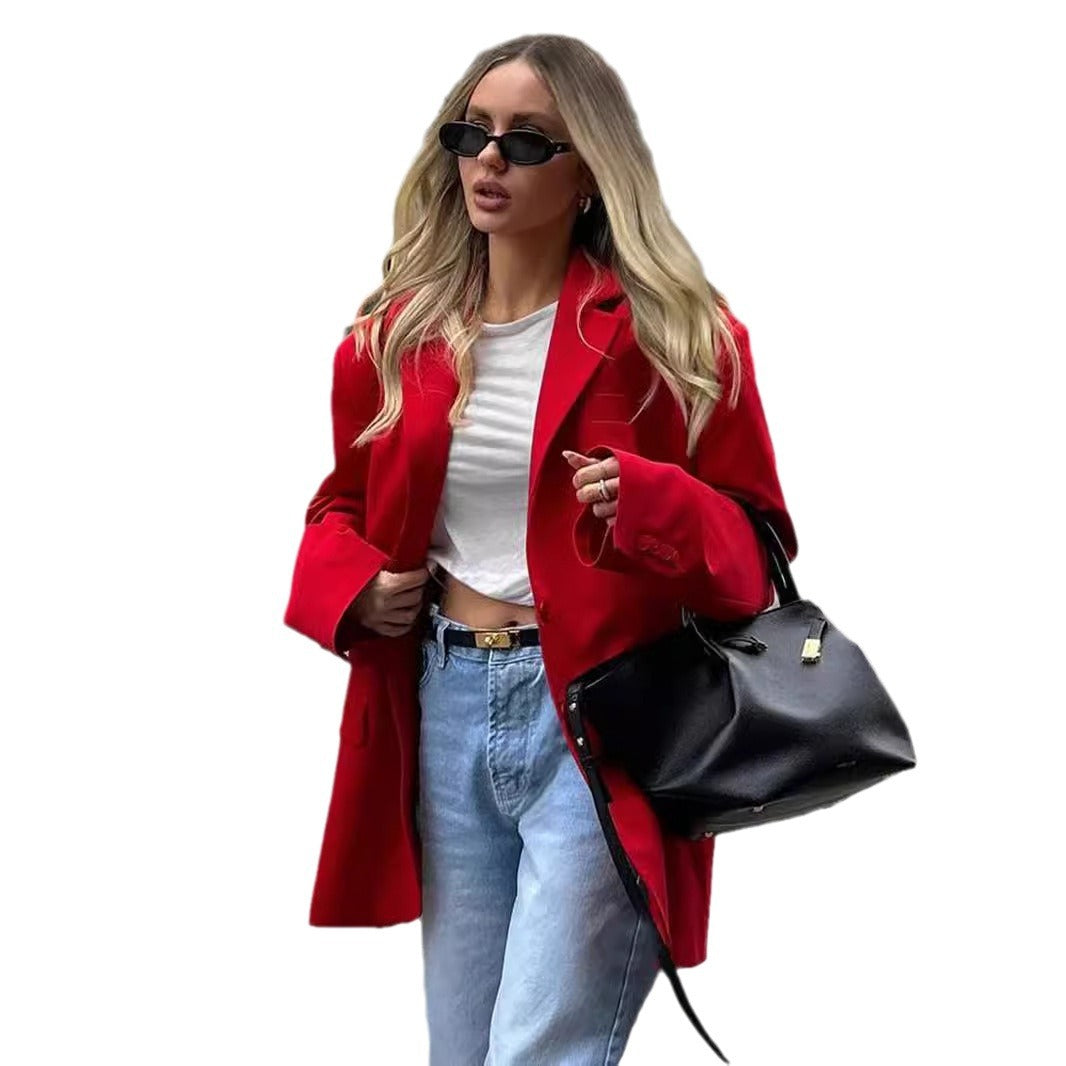 Red suits European and American summer new temperament shoulder pads loose lapel pocket red blazer