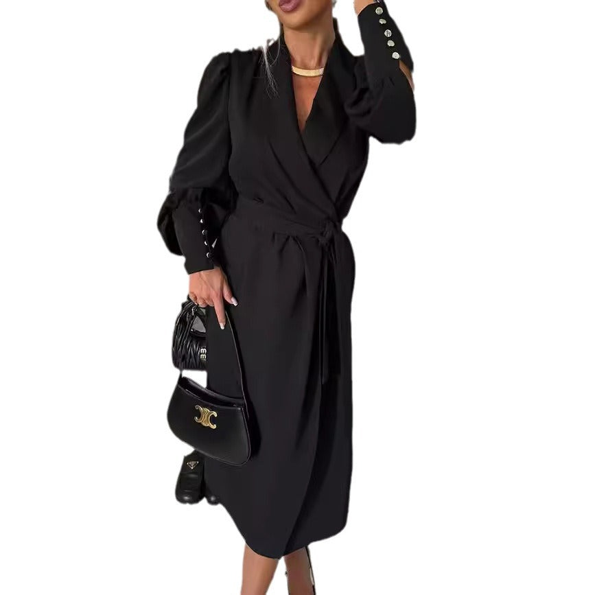 European and American cross-border independent station foreign trade new green fruit collar long-sleeved cardigan strap casual dress women