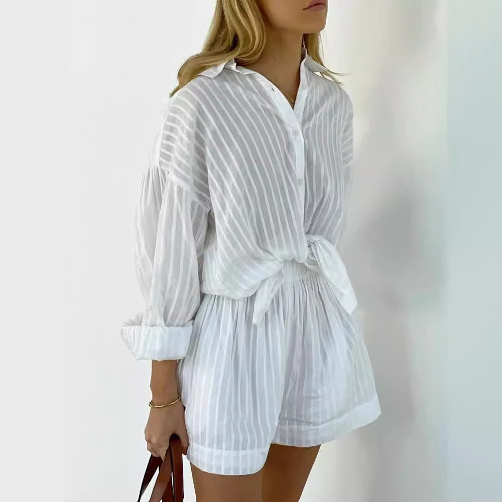 Cross-border pure cotton shirt set, European and American summer new women's white vertical striped shirt shorts casual suits