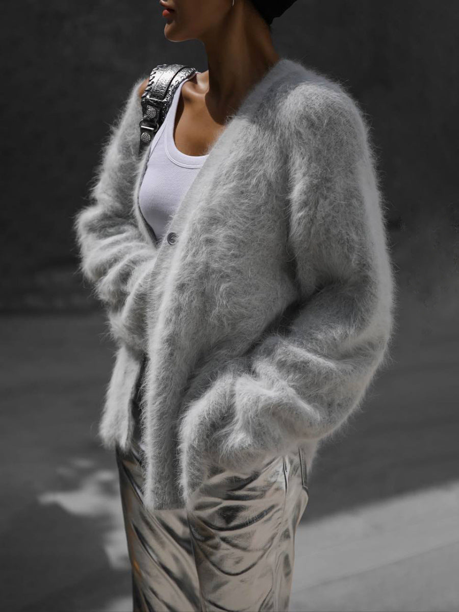 Cross-border imitation mink knitted sweater cardigan European, American autumn and winter lazy loose long-sleeved V-neck sweater jacket women