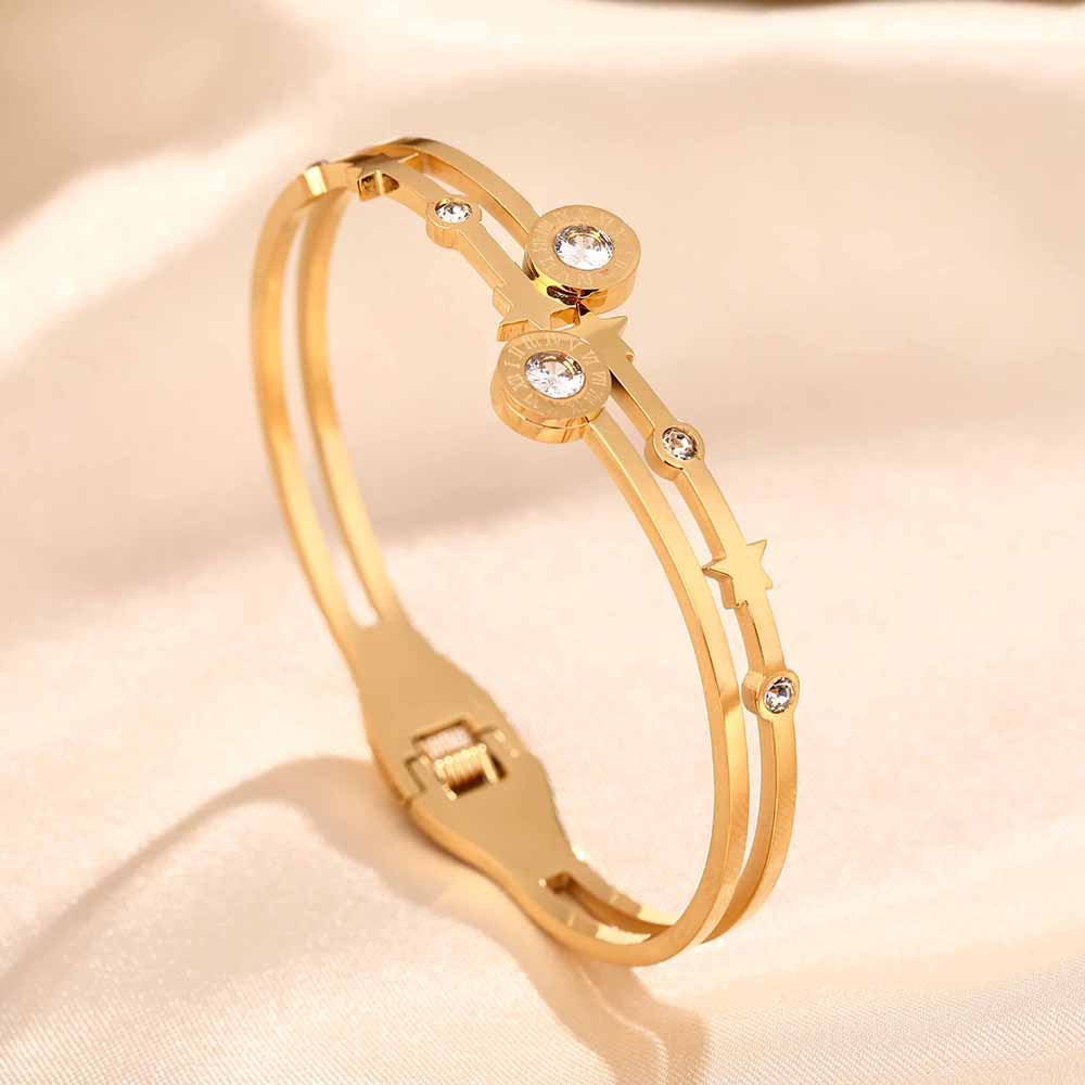 Cross-border new titanium steel bracelet female Roman double ring double diamond zircon high sense Internet celebrity bracelet creative fashion jewelry