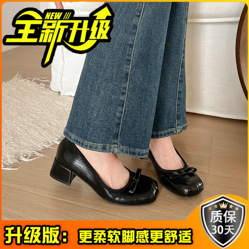 French retro light mouth high heel single shoes women's new summer bow flat grandma shoes soft leather beanie shoes