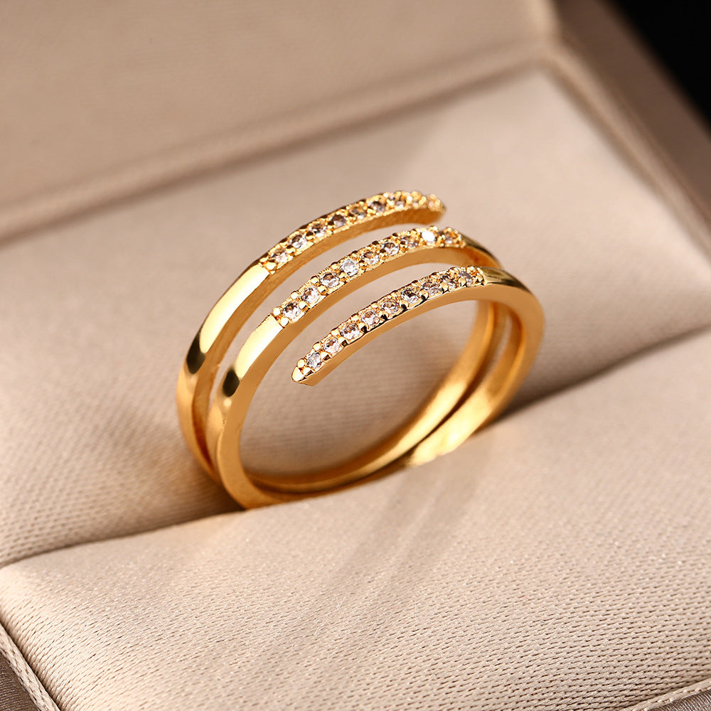 Korean version of multi-layer interwoven diamond-encrusted rings women's hot sale exquisite simple cold wind design geometric index finger ring hand jewelry