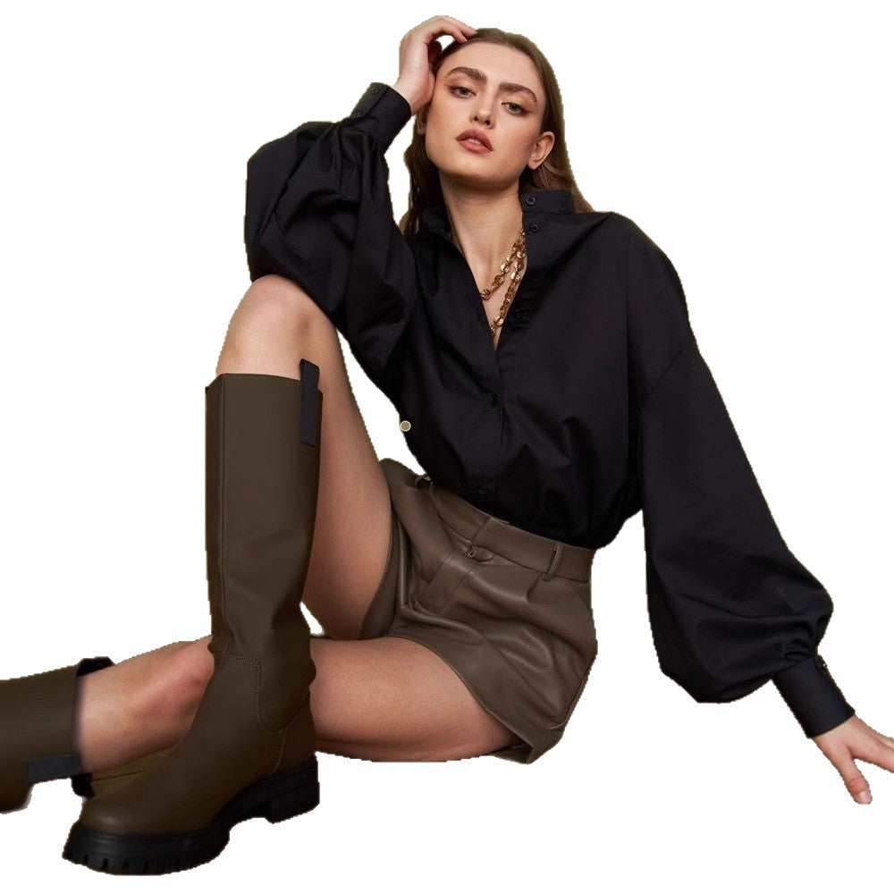 Lantern sleeve solid color shirt European and American spring and summer temperament Royal sister commuting versatile loose round neck shirt t-shirts
