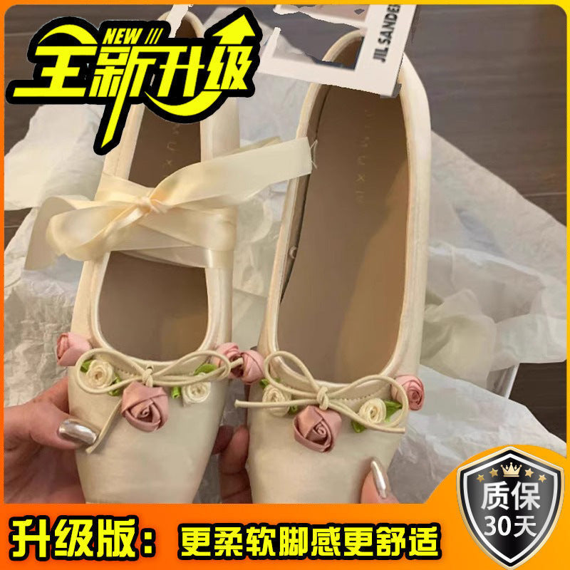 Ballet shoes single beanie shoes women's spring new flat temperament socialite wear square head Mary Jane shoes bridesmaid