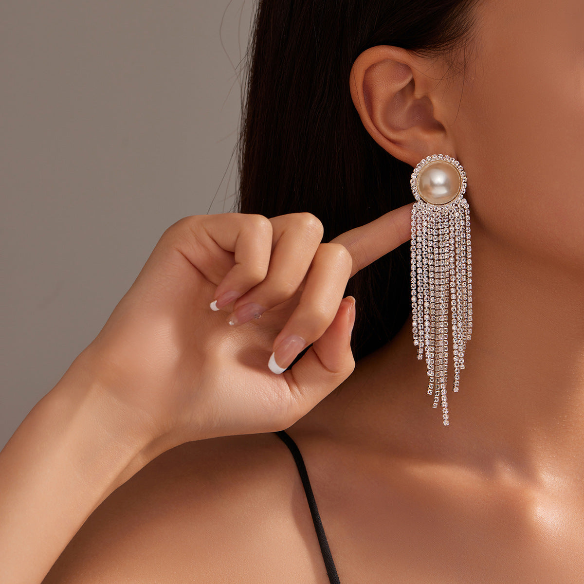 Dichka fashion geometric pearl zircon crystal long fringed earrings women's high-end luxury temperament stud earrings earrings