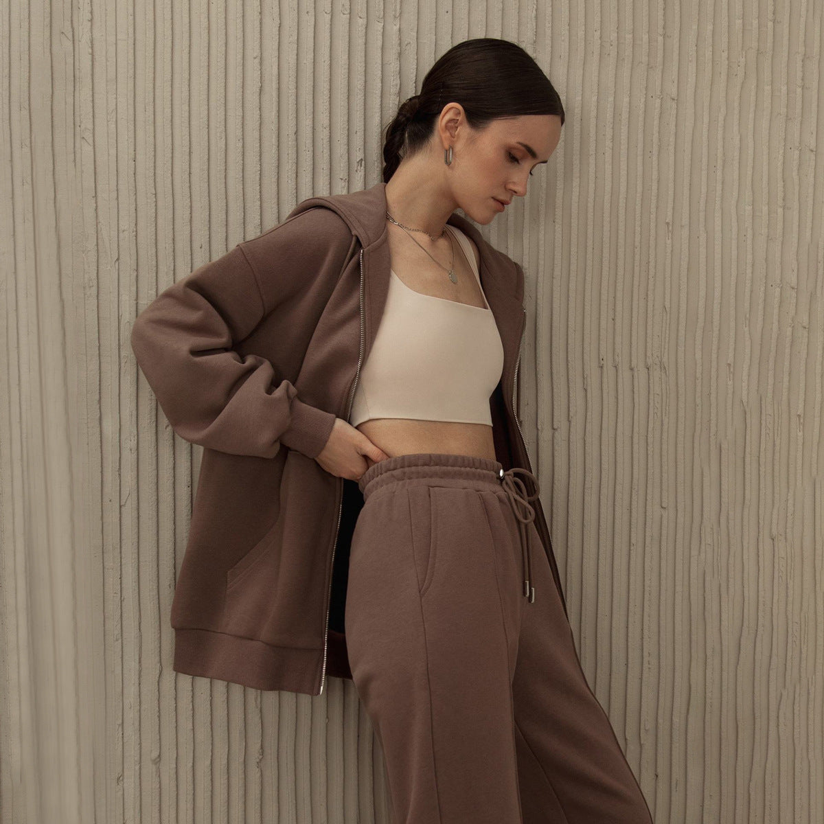 Zipper sweater set European and American autumn and winter fashion simple hoodie jacket + straight pants sweatpants suits