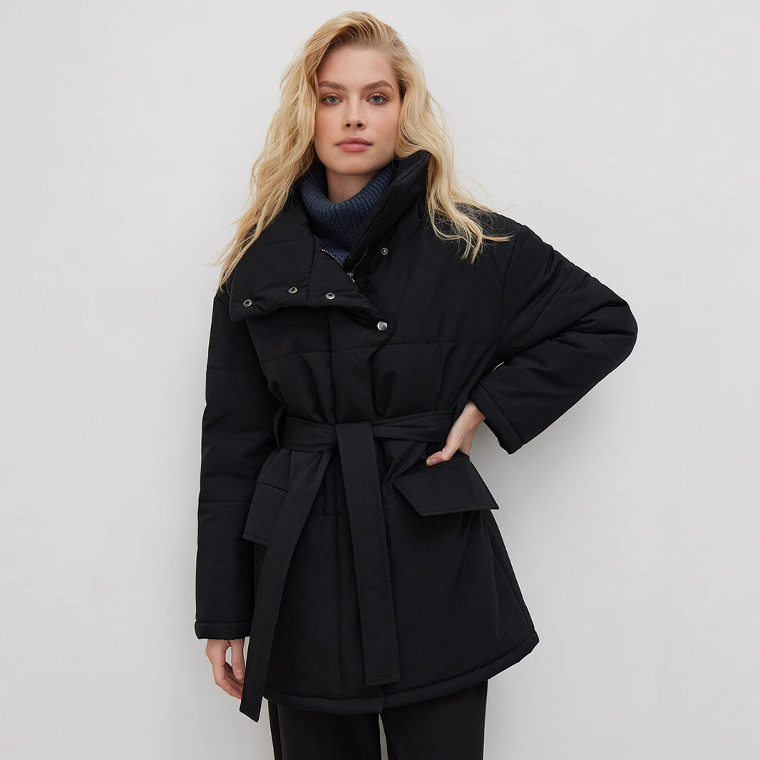 Stand-up collar cotton jacket European, American autumn and winter new temperament belt irregular medium and long cotton jackets